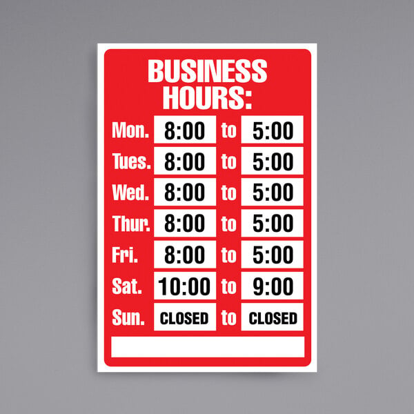 A white Cosco business hours sign with red and black text.