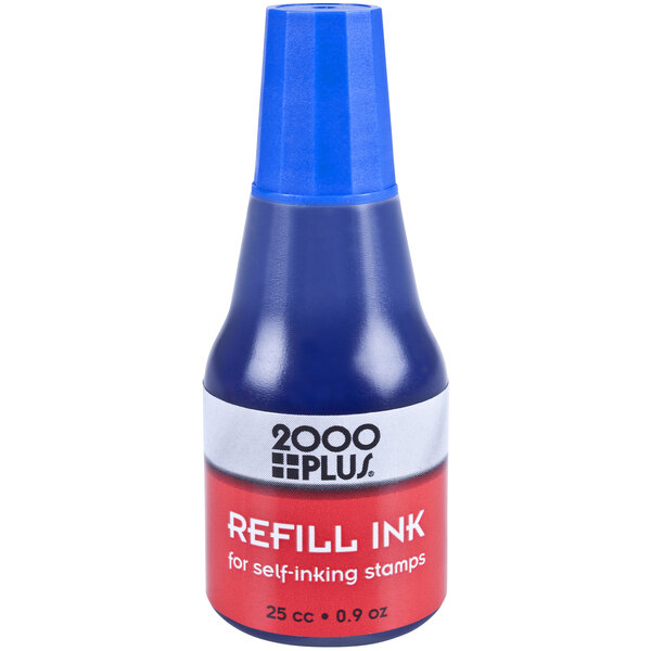 A blue Cosco 2000 Plus refill ink bottle.