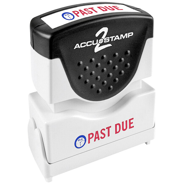 An Accustamp shutter stamp with red and blue ink that says "PAST DUE" in black.