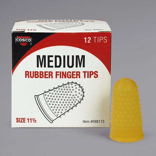 A yellow rectangular Cosco box of 12 medium rubber finger tips with small dots.