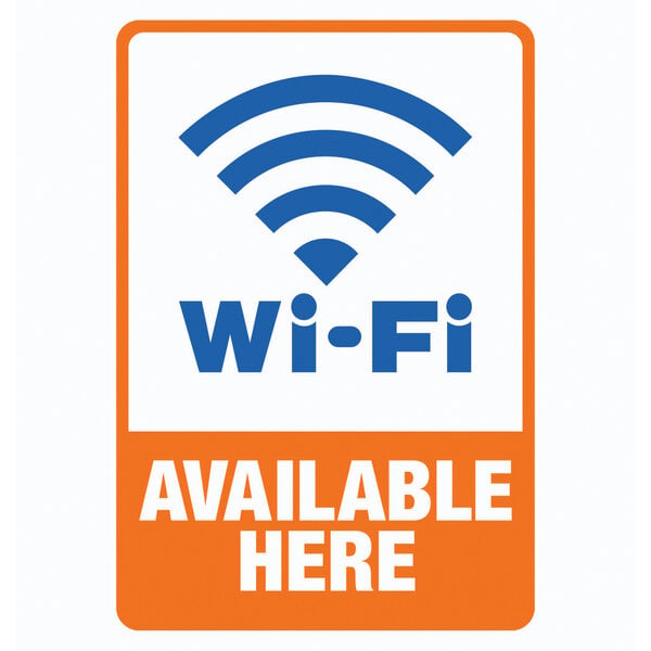 A white Cosco sign with blue and white text that says "Wi-Fi AVAILABLE HERE" with a wifi symbol.