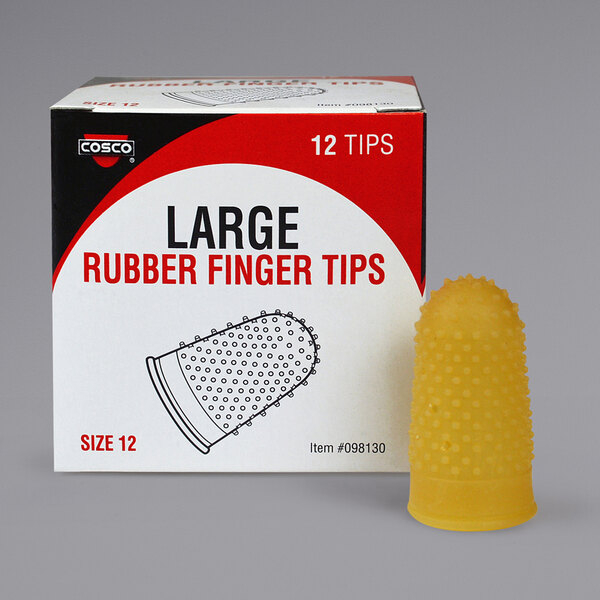 A yellow Cosco rubber finger tip with a box.