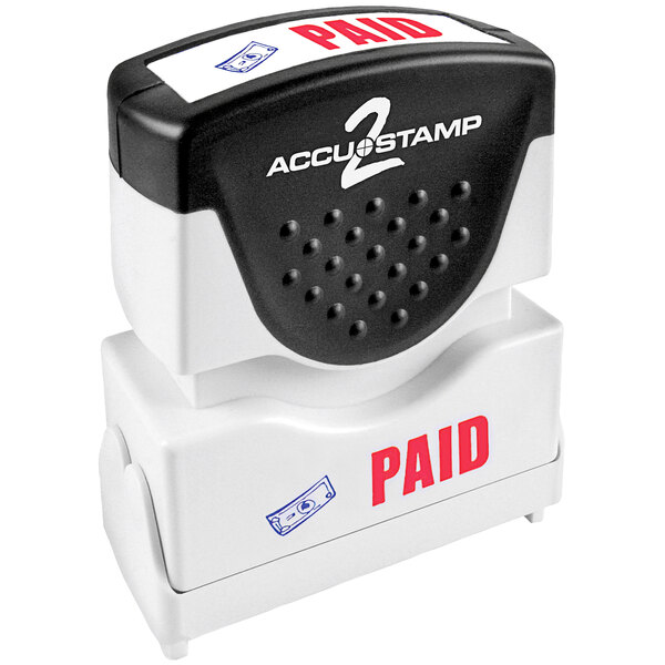 An Accustamp shutter stamp with the word "PAID" in red and blue.