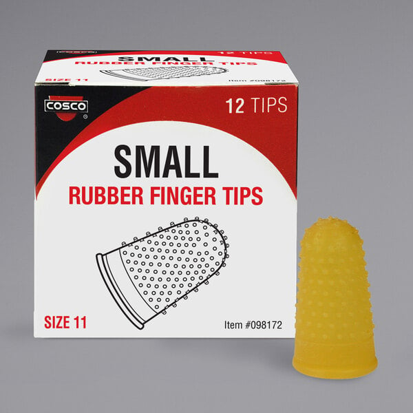 A yellow rectangular Cosco box containing 12 small rubber finger tips.