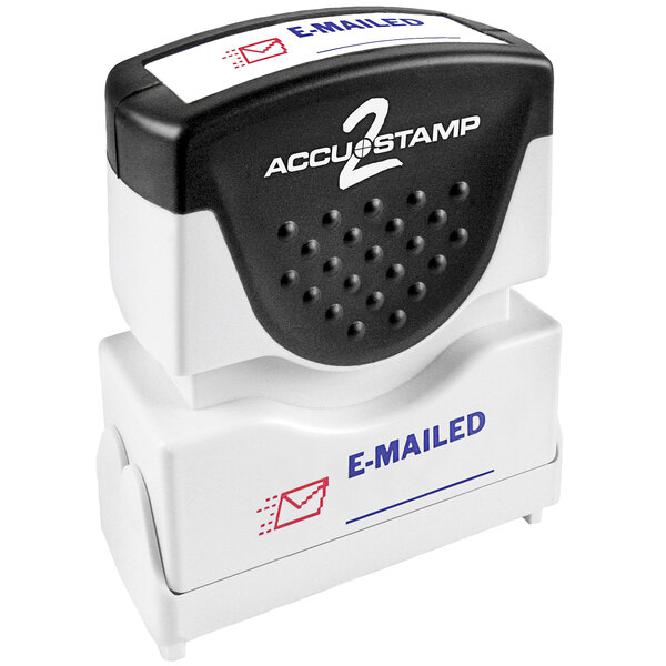 An Accustamp shutter stamp with red and blue ink that says "E-MAILED" in black.