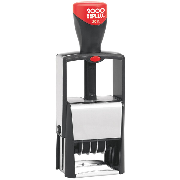 A close-up of a Cosco 2000 Plus black and red heavy-duty self-inking dater stamp.