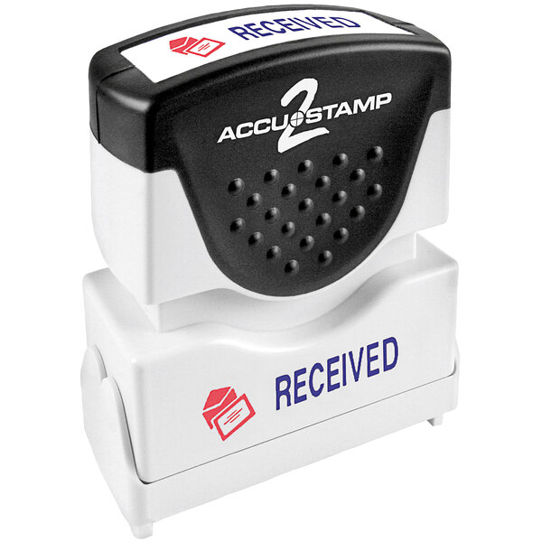An Accustamp shutter stamp with the word "RECEIVED" in red and blue.