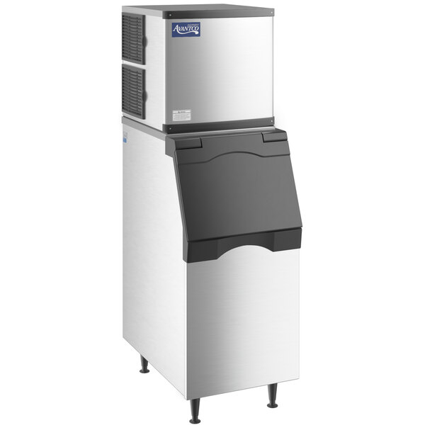 An Avantco air cooled ice machine with a stainless steel cabinet and black lid.