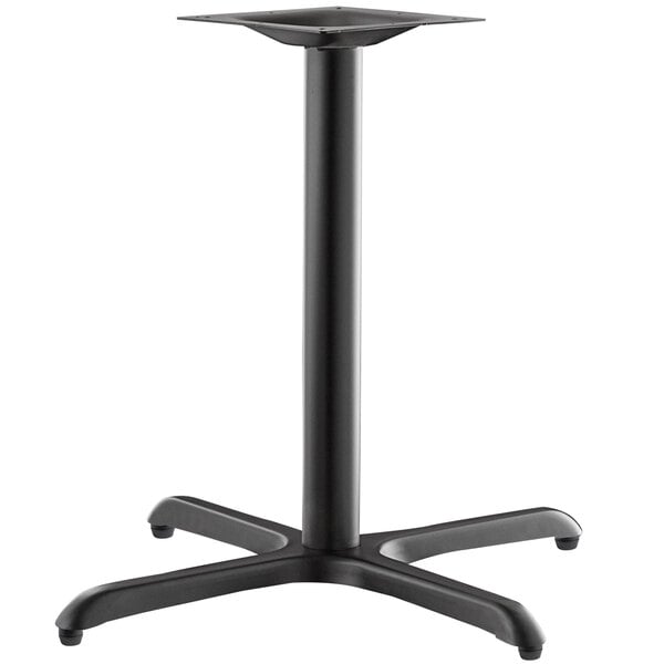 A black metal Lancaster Table & Seating Excalibur outdoor table base with a square pedestal.