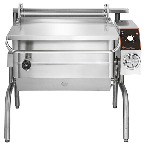 A Groen stainless steel tilting electric braising pan on a counter.