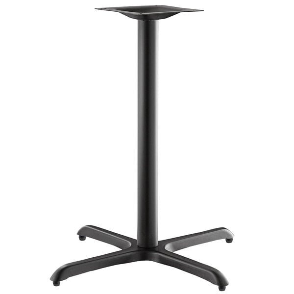 A black metal Lancaster Table & Seating Excalibur outdoor table base with a square pedestal base.