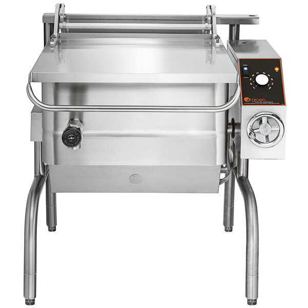 A Groen stainless steel tilting electric braising pan with a metal handle.