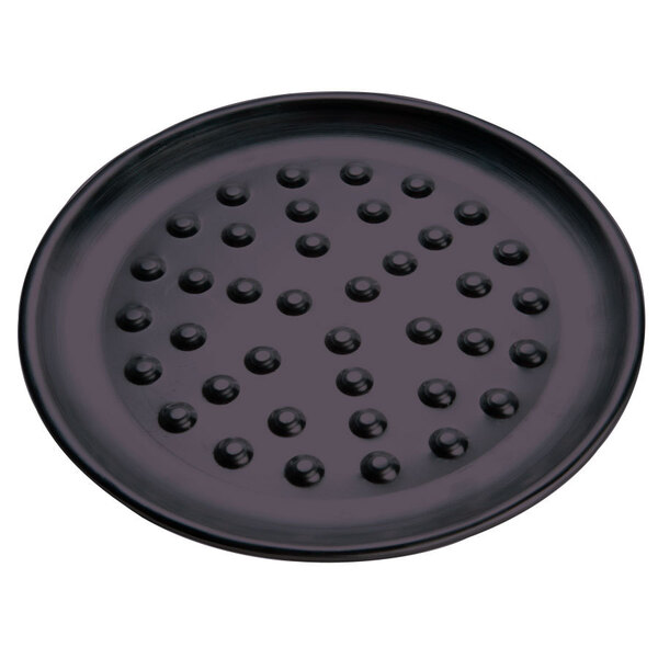 An American Metalcraft hard coat anodized aluminum round pizza pan with nibs.