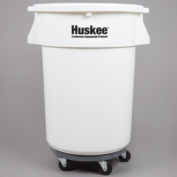 A white plastic container with a flat top lid and wheels with black text that says "Continental Huskee"