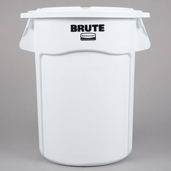 A white plastic Rubbermaid BRUTE ingredient storage container with lid and black text.