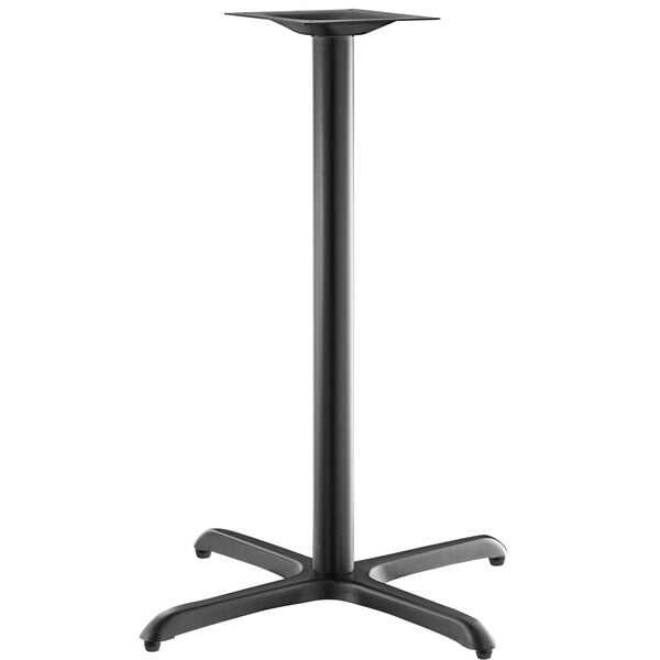 A black Lancaster Table & Seating Excalibur outdoor table base with a bar height black metal pole.