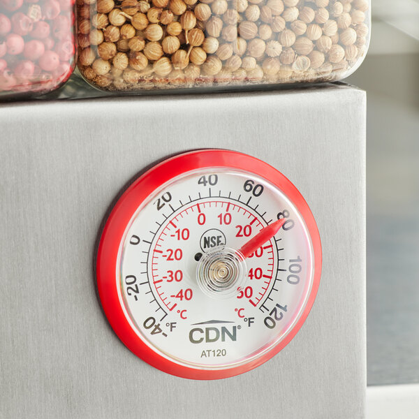 A CDN stick-on thermometer on a metal container.