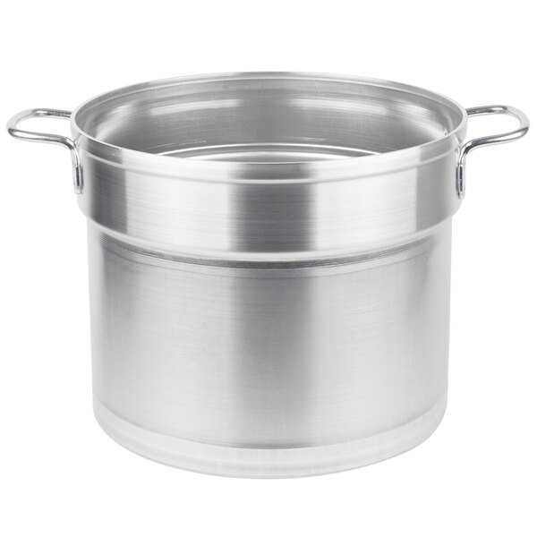 A large silver aluminum pot with handles.