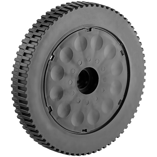 A black tire with a circular rim and a hole in the center.