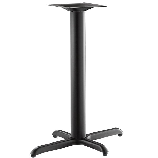 A black metal Lancaster Table & Seating Excalibur outdoor table base with a black pole and square top.