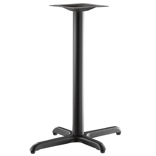 A black metal Lancaster Table & Seating Excalibur table base with a black pole and square top.