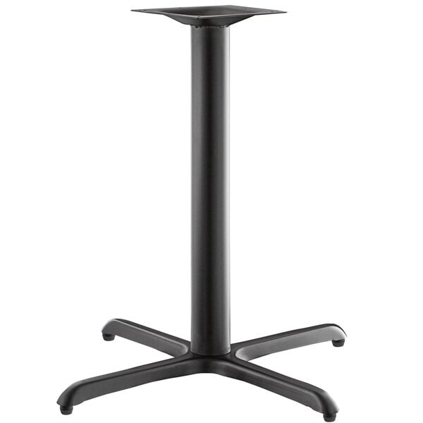A black metal Lancaster Table & Seating Excalibur pedestal table base with a FLAT Tech counter height column.