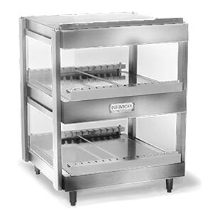 A stainless steel Nemco countertop merchandiser with two shelves holding food trays.