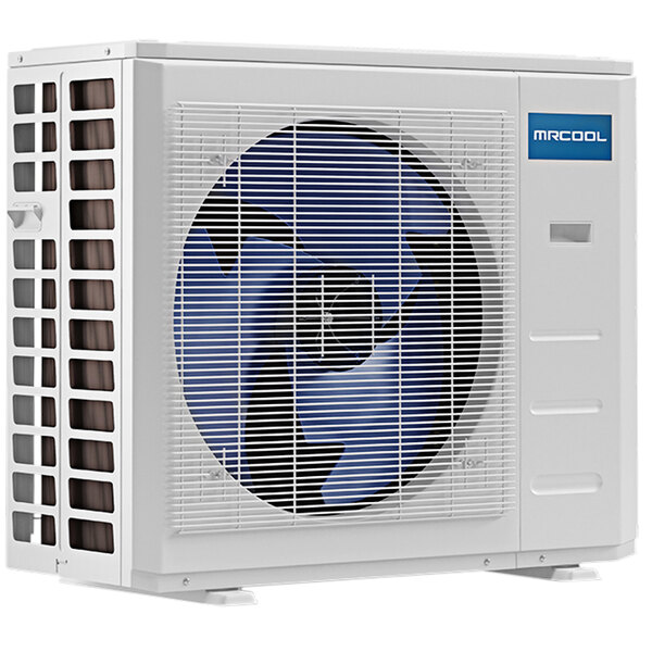 A white MRCOOL ductless mini-split condenser with blue and black circles.