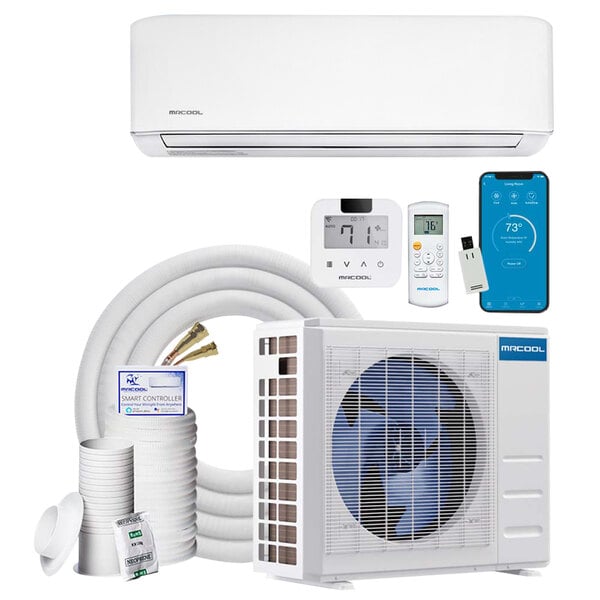 A white MRCOOL DIY mini split air conditioner with accessories.