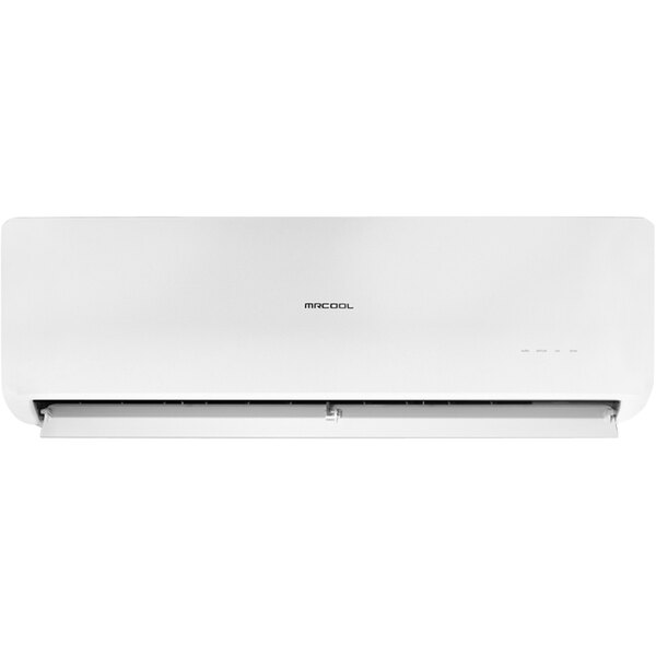 A white MRCOOL Olympus wall mount ductless mini-split air handler with a remote control.