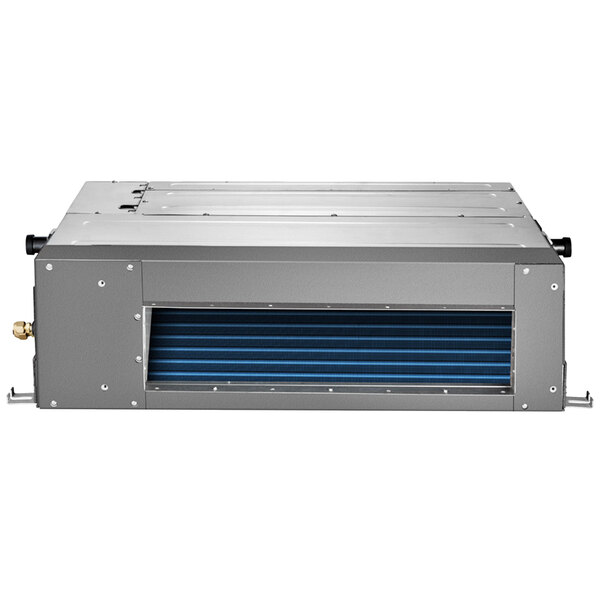 A grey rectangular MRCOOL air handler with blue vents on a white background.