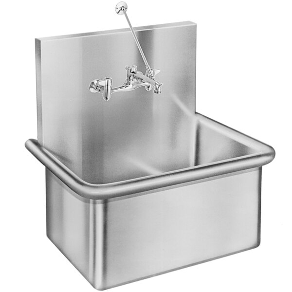 A Just Manufacturing stainless steel wall hung service sink with a faucet.