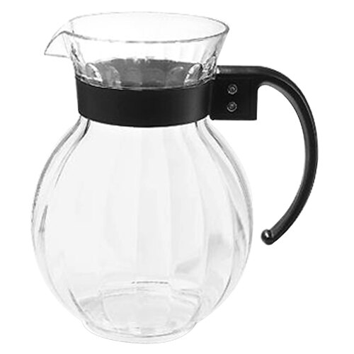 A clear plastic pitcher with a black lid.