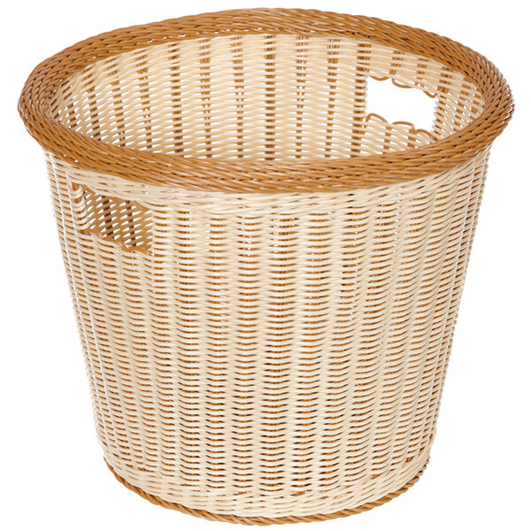 A round plastic basket with a white and brown weave and handles.