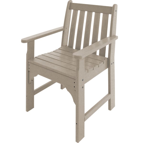 A close-up of a POLYWOOD Vineyard garden arm chair with armrests.