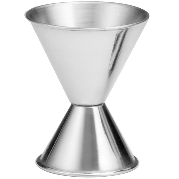 A silver stainless steel Tablecraft jigger with a white background.