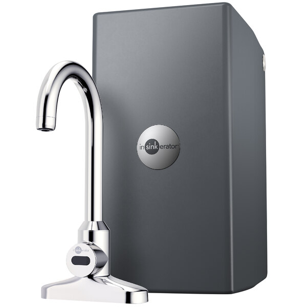 An InSinkErator touchless faucet with a white circle with black text.