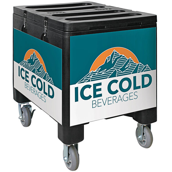 A black IRP mobile ice bin with ice cold beverages on the front and four wheels.