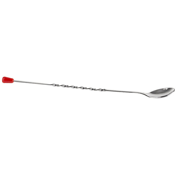 A TableCraft stainless steel bar spoon with a twisted stem and a red knob.