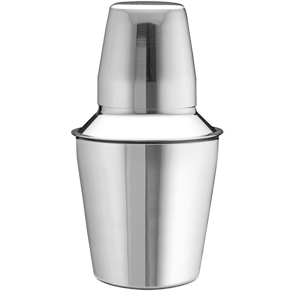 A Tablecraft stainless steel cocktail shaker set with a lid.
