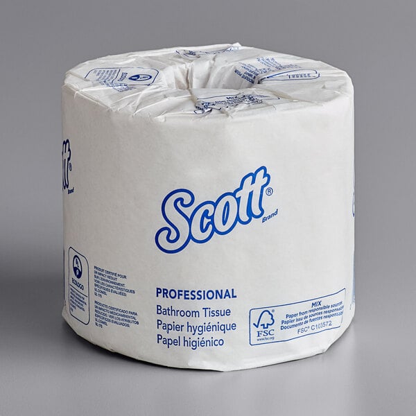 A Scott Essential individually-wrapped toilet paper roll.