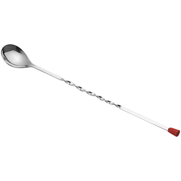 A TableCraft stainless steel bar spoon with a red knob on the end and a twisted handle.