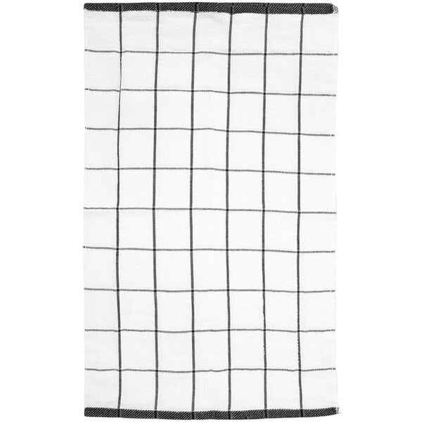 A white kitchen towel with a black windowpane pattern.