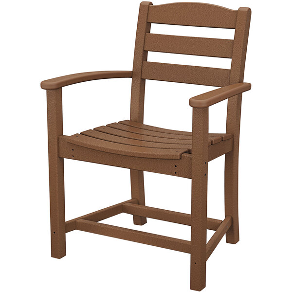 A brown POLYWOOD La Casa Cafe dining chair with armrests.