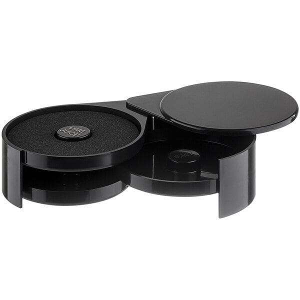 A black plastic Tablecraft glass rimmer with a round lid.