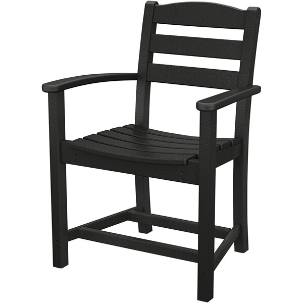 A black POLYWOOD La Casa Cafe dining arm chair with wooden armrests.