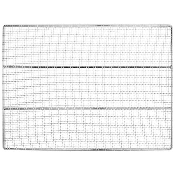 A close-up of a wire mesh grid on a white background.