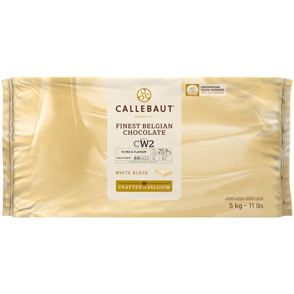 A white package of Callebaut white chocolate blocks with a black label.
