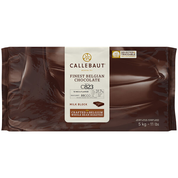 A package of Callebaut milk chocolate blocks with a label.