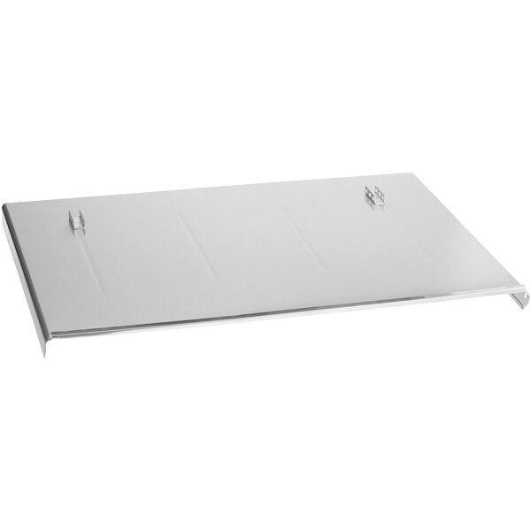 A stainless steel rectangular cover with two metal hooks.